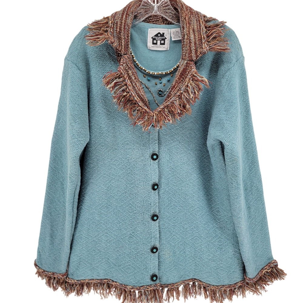 VTG 90s Storybook Knits Blue 2 Piece Sweater Set Cardigan Shell Beaded Fringe L
